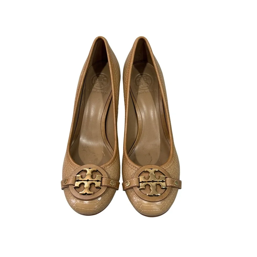Tory Burch Aaden Tan Snakeskin Embossed Leather Block Heel Logo Pumps Size 8M